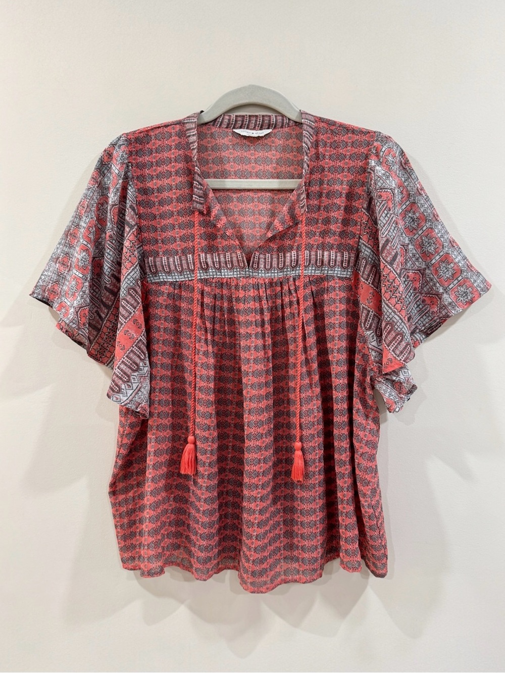 Lucky Brand Red Coral Grey Boho Top Relaxed Peasant Blouse Size M